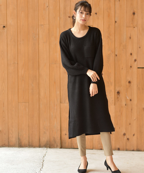 rps（アールピーエス）の「ワッフル編みボリューム袖ニットワンピース（ワンピース・レディース・ブラック/アイボリー/杢グレー・M）」の12枚目の写真