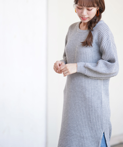 rps（アールピーエス）の「ワッフル編みボリューム袖ニットワンピース（ワンピース・レディース・ブラック/アイボリー/杢グレー・M）」の15枚目の写真