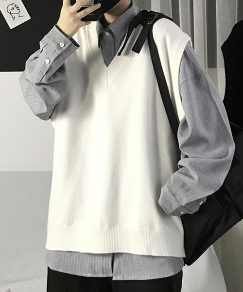 WESTBOY（ウエストボーイ）の「【WB ORIGINALS】Big Silhouette V-neck Drop Shoulder Knit Vest（ニット/セーター・メンズ・ホワイト/ブラック/ブルー・M/XL/L）」の9枚目の写真