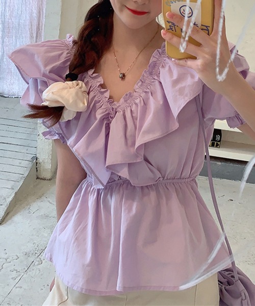 Jewelobe（ジュエローブ）の「ワイドフリルパフスリーブブラウス（シャツ/ブラウス・レディース・パープル/オフホワイト/ブルー・FREE）」の3枚目の写真