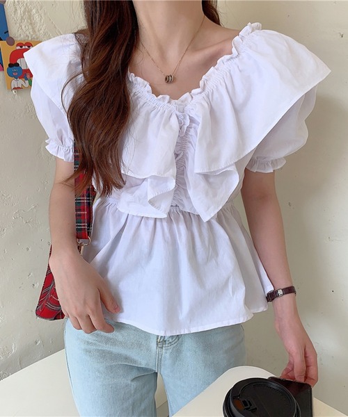 Jewelobe（ジュエローブ）の「ワイドフリルパフスリーブブラウス（シャツ/ブラウス・レディース・パープル/オフホワイト/ブルー・FREE）」の2枚目の写真