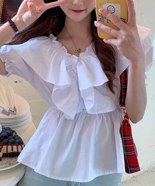 Jewelobe（ジュエローブ）の「ワイドフリルパフスリーブブラウス（シャツ/ブラウス・レディース・パープル/オフホワイト/ブルー・FREE）」の9枚目の写真