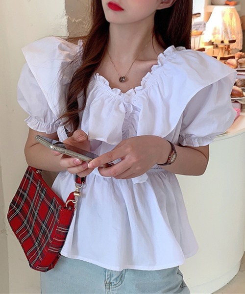Jewelobe（ジュエローブ）の「ワイドフリルパフスリーブブラウス（シャツ/ブラウス・レディース・パープル/オフホワイト/ブルー・FREE）」の4枚目の写真
