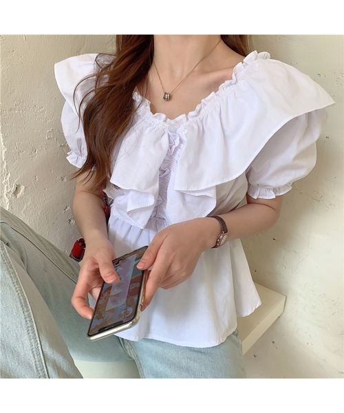 Jewelobe（ジュエローブ）の「ワイドフリルパフスリーブブラウス（シャツ/ブラウス・レディース・パープル/オフホワイト/ブルー・FREE）」の16枚目の写真