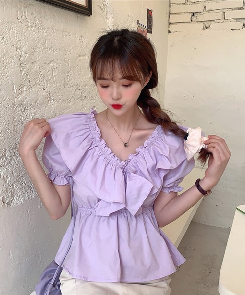 Jewelobe（ジュエローブ）の「ワイドフリルパフスリーブブラウス（シャツ/ブラウス・レディース・パープル/オフホワイト/ブルー・FREE）」の17枚目の写真
