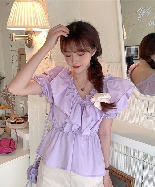 Jewelobe（ジュエローブ）の「ワイドフリルパフスリーブブラウス（シャツ/ブラウス・レディース・パープル/オフホワイト/ブルー・FREE）」の12枚目の写真