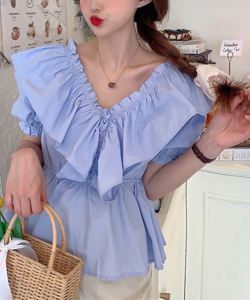 Jewelobe（ジュエローブ）の「ワイドフリルパフスリーブブラウス（シャツ/ブラウス・レディース・パープル/オフホワイト/ブルー・FREE）」の7枚目の写真