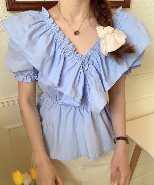 Jewelobe（ジュエローブ）の「ワイドフリルパフスリーブブラウス（シャツ/ブラウス・レディース・パープル/オフホワイト/ブルー・FREE）」の13枚目の写真