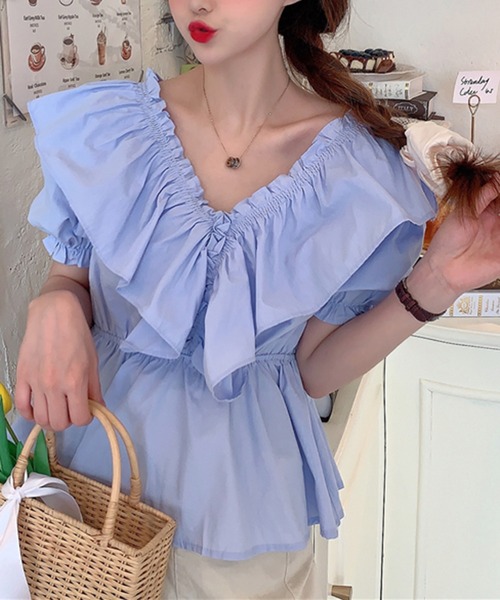 Jewelobe（ジュエローブ）の「ワイドフリルパフスリーブブラウス（シャツ/ブラウス・レディース・パープル/オフホワイト/ブルー・FREE）」の14枚目の写真