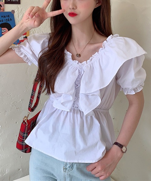 Jewelobe（ジュエローブ）の「ワイドフリルパフスリーブブラウス（シャツ/ブラウス・レディース・パープル/オフホワイト/ブルー・FREE）」の20枚目の写真