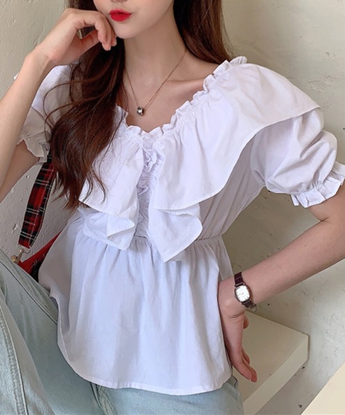 Jewelobe（ジュエローブ）の「ワイドフリルパフスリーブブラウス（シャツ/ブラウス・レディース・パープル/オフホワイト/ブルー・FREE）」の15枚目の写真