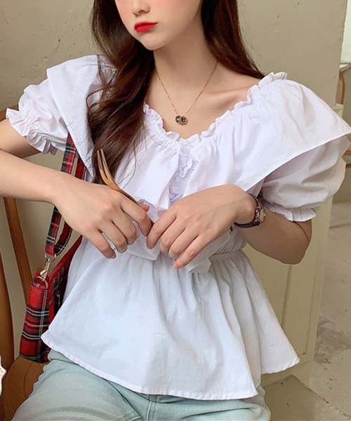 Jewelobe（ジュエローブ）の「ワイドフリルパフスリーブブラウス（シャツ/ブラウス・レディース・パープル/オフホワイト/ブルー・FREE）」の10枚目の写真