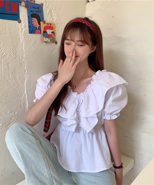Jewelobe（ジュエローブ）の「ワイドフリルパフスリーブブラウス（シャツ/ブラウス・レディース・パープル/オフホワイト/ブルー・FREE）」の5枚目の写真