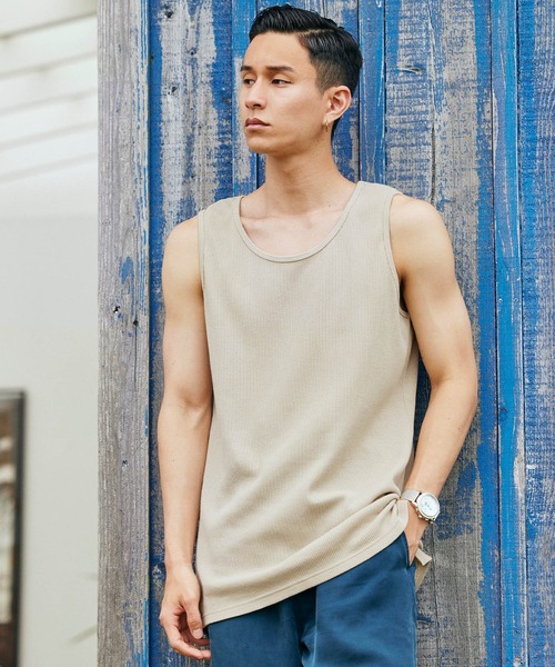 BARK MANHATTAN（バークマンハッタン）の「サーマルオーバーロングワッフルタンクトップ（タンクトップ・メンズ・パープル系その他/チャコール/グリーン系その他/ブルー系その他/ヘザーグレー/アイボリー/カーキ/ネイビー/ベージュ/ブラック・S/M/L）」の5枚目の写真