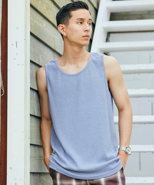 BARK MANHATTAN（バークマンハッタン）の「サーマルオーバーロングワッフルタンクトップ（タンクトップ・メンズ・パープル系その他/チャコール/グリーン系その他/ブルー系その他/ヘザーグレー/アイボリー/カーキ/ネイビー/ベージュ/ブラック・S/M/L）」の9枚目の写真