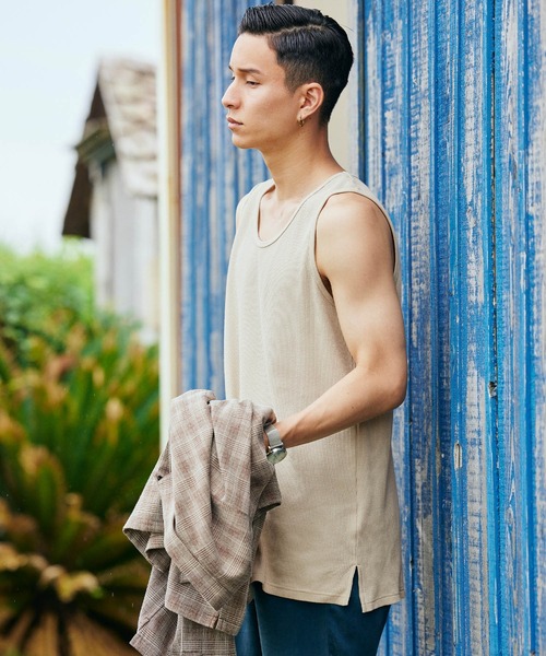 BARK MANHATTAN（バークマンハッタン）の「サーマルオーバーロングワッフルタンクトップ（タンクトップ・メンズ・パープル系その他/チャコール/グリーン系その他/ブルー系その他/ヘザーグレー/アイボリー/カーキ/ネイビー/ベージュ/ブラック・S/M/L）」の18枚目の写真