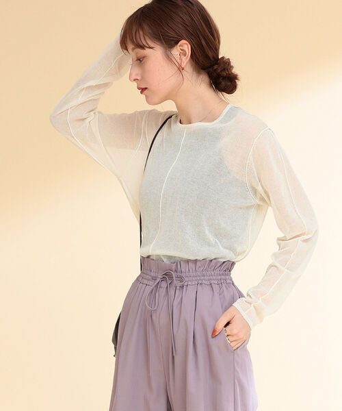 Ray BEAMS（レイビームス）の「Ray BEAMS / アウトシーム シアー クルーネック トップス（ニット/セーター・レディース・ダークブラウン/オフホワイト・ONE SIZE）」の16枚目の写真