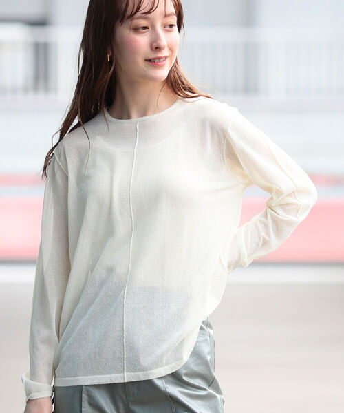 Ray BEAMS（レイビームス）の「Ray BEAMS / アウトシーム シアー クルーネック トップス（ニット/セーター・レディース・ダークブラウン/オフホワイト・ONE SIZE）」の22枚目の写真