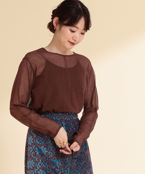 Ray BEAMS（レイビームス）の「Ray BEAMS / アウトシーム シアー クルーネック トップス（ニット/セーター・レディース・ダークブラウン/オフホワイト・ONE SIZE）」の2枚目の写真