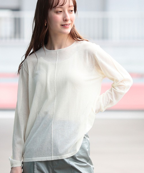 Ray BEAMS（レイビームス）の「Ray BEAMS / アウトシーム シアー クルーネック トップス（ニット/セーター・レディース・ダークブラウン/オフホワイト・ONE SIZE）」の4枚目の写真