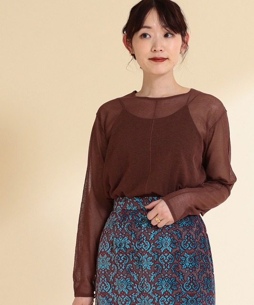 Ray BEAMS（レイビームス）の「Ray BEAMS / アウトシーム シアー クルーネック トップス（ニット/セーター・レディース・ダークブラウン/オフホワイト・ONE SIZE）」の14枚目の写真