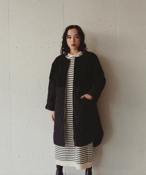 Kari & lili（カウリアンドリィリィ）の「ボアコンビキルトコート（ノーカラーコート・レディース・ブラック/ベージュ・FREE）」の16枚目の写真