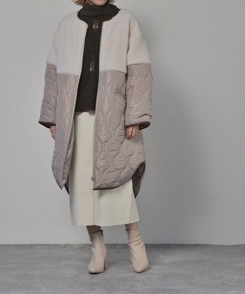 Kari & lili（カウリアンドリィリィ）の「ボアコンビキルトコート（ノーカラーコート・レディース・ブラック/ベージュ・FREE）」の6枚目の写真