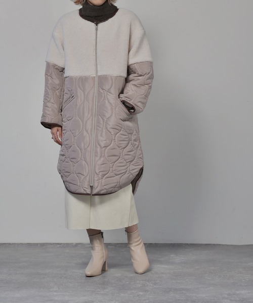 Kari & lili（カウリアンドリィリィ）の「ボアコンビキルトコート（ノーカラーコート・レディース・ブラック/ベージュ・FREE）」の4枚目の写真