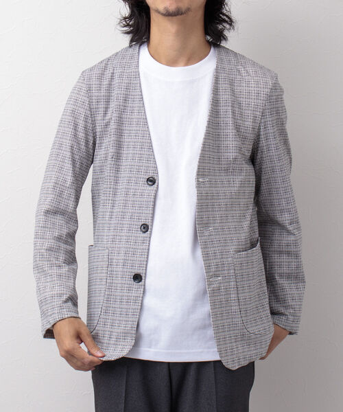 NOLLEY'S goodman（ノーリーズグッドマン）の「カラーレス ジャケット（※快適素材ブリーズクール使用）（ノーカラージャケット・メンズ・ネイビー/ブラック系その他/ブルー系その他7/ホワイト×ブラック・MEDIUM/LARGE）」の2枚目の写真