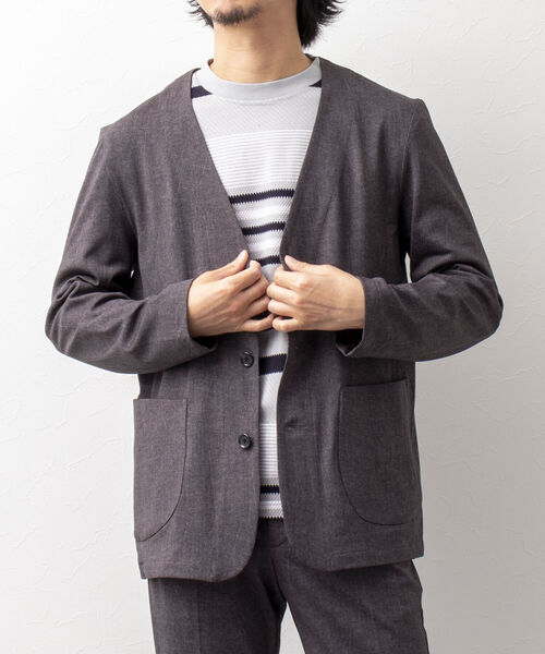 NOLLEY'S goodman（ノーリーズグッドマン）の「カラーレス ジャケット（※快適素材ブリーズクール使用）（ノーカラージャケット・メンズ・ネイビー/ブラック系その他/ブルー系その他7/ホワイト×ブラック・MEDIUM/LARGE）」の3枚目の写真