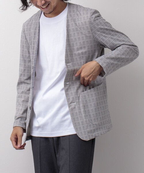 NOLLEY'S goodman（ノーリーズグッドマン）の「カラーレス ジャケット（※快適素材ブリーズクール使用）（ノーカラージャケット・メンズ・ネイビー/ブラック系その他/ブルー系その他7/ホワイト×ブラック・MEDIUM/LARGE）」の5枚目の写真