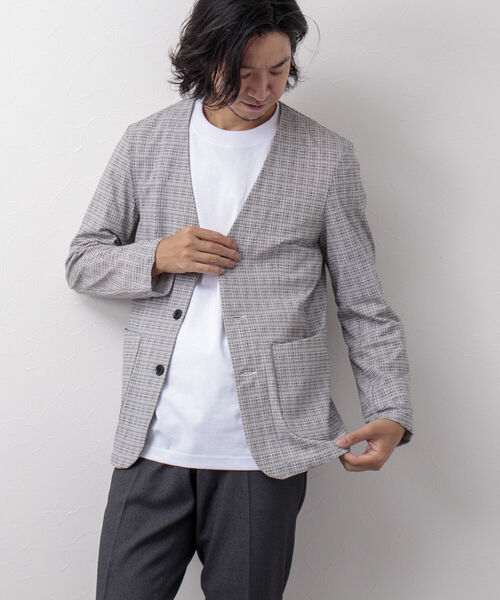 NOLLEY'S goodman（ノーリーズグッドマン）の「カラーレス ジャケット（※快適素材ブリーズクール使用）（ノーカラージャケット・メンズ・ネイビー/ブラック系その他/ブルー系その他7/ホワイト×ブラック・MEDIUM/LARGE）」の6枚目の写真