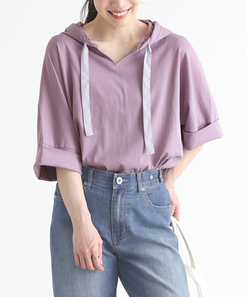 n'OrLABEL（ノアールレーベル）の「『ゆるラフキーネックパーカー』（Tシャツ/カットソー・レディース・ブルー/ラベンダー/レッド/オフホワイト/モカ/ブラック/グリーン/グレー・FREE）」の7枚目の写真