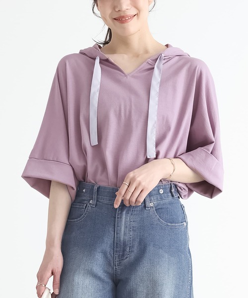 n'OrLABEL（ノアールレーベル）の「『ゆるラフキーネックパーカー』（Tシャツ/カットソー・レディース・ブルー/ラベンダー/レッド/オフホワイト/モカ/ブラック/グリーン/グレー・FREE）」の18枚目の写真