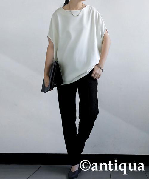 antiqua(アンティカ)の「変形ボートネックトップス(Tシャツ/カットソー・レディース・ダークカーキ/ブラック/パープル/オフホワイト・FREE)」の10枚目の写真