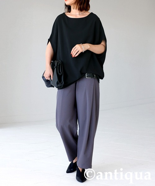 antiqua(アンティカ)の「変形ボートネックトップス(Tシャツ/カットソー・レディース・ダークカーキ/ブラック/パープル/オフホワイト・FREE)」の13枚目の写真