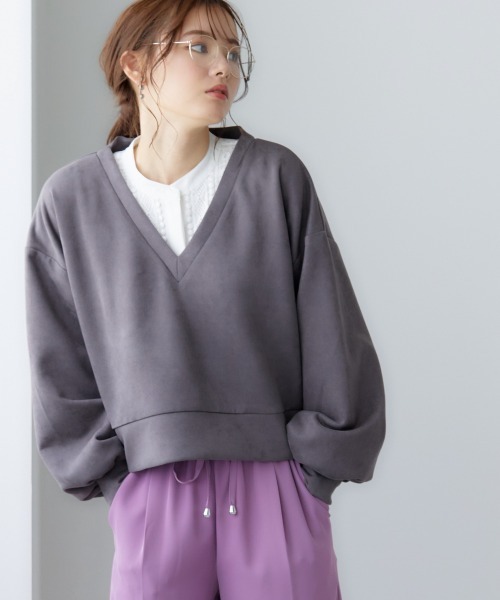 miclat（ミクラ）の「大きいサイズ スウェードポンチショート丈プルオーバー miclat（スウェット・レディース・チャコールグレー/ピンク系・LL/3L/4L/L）」の6枚目の写真