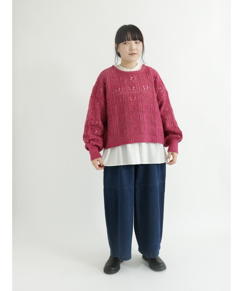 Samansa Mos2（サマンサ モスモス）の「前後着透かし柄編みカーディガン（カーディガン/ボレロ・レディース・ブラック/ベージュ/ピンク/グリーン・ﾌﾘ-）」の7枚目の写真