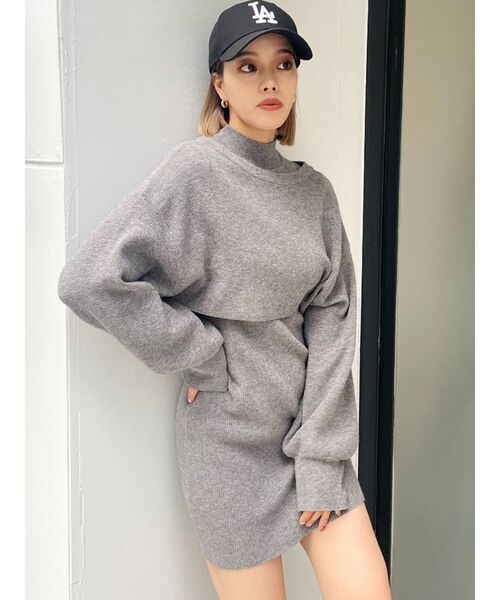 EVRIS（エヴリス）の「【カーディガンSET】レイヤードニットミニワンピース（ワンピース・レディース・ブラック/ベージュ/グレー/ブルー・FREE）」の3枚目の写真