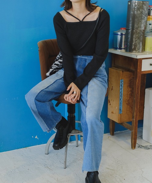 Kastane（カスタネ）の「【サイズ展開あり】ハイウエストパッチワークデニム（デニムパンツ・レディース・ブルー・0/1/2）」の4枚目の写真