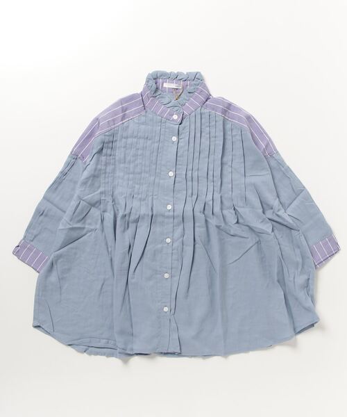 sandy（サンディー）の「sandy/ストライブ切り替えスタンドフリルピンタックブラウス（シャツ/ブラウス・レディース・ピンク/ブルー/オフホワイト・FREE）」の3枚目の写真