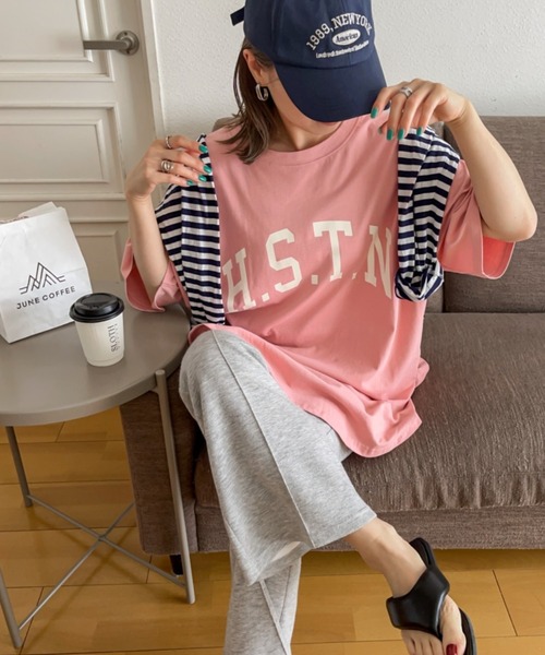 ad thie（アドティエ）の「大人カジュアル 綿100% オーバーサイズ カレッジ ロゴ ドロップ ショルダー  Tシャツ トップス（Tシャツ/カットソー・レディース・チャコール/ブラック/ブルー系その他/オフホワイト/ブラウン系その他/ダークブラウン/ピンクベージュ/ホワイト系その他/ピンク系その他・FREE）」の9枚目の写真