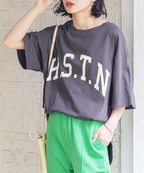 Tシャツ 半袖 トップス ロゴ ラウンド ドロップショルダー ♪ セール】大人カジュアル 綿100% オーバーサイズ カレッジ ロゴ