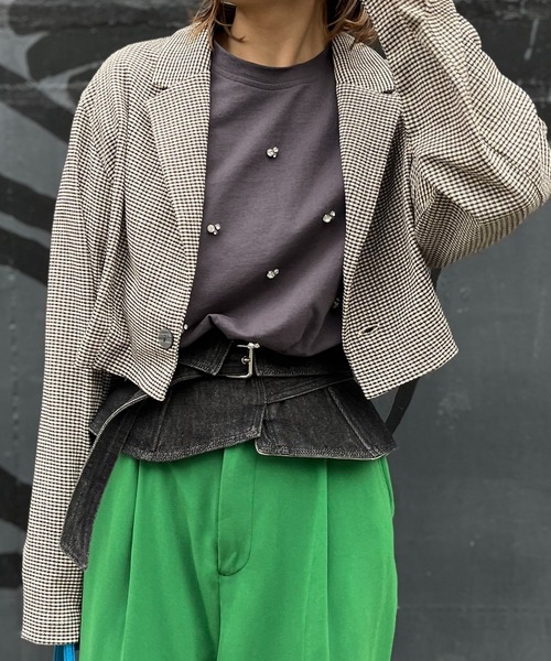 mi via loca（ミヴィアロカ）の「チェック柄クロップドジャケット（テーラードジャケット・レディース・オレンジ/アイボリー・FREE）」の5枚目の写真