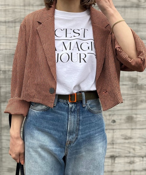 mi via loca（ミヴィアロカ）の「チェック柄クロップドジャケット（テーラードジャケット・レディース・オレンジ/アイボリー・FREE）」の3枚目の写真