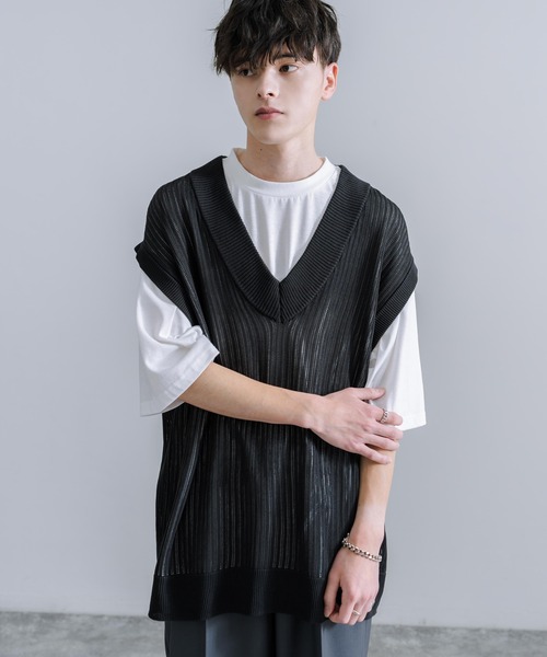 Rocky Monroe(ロッキーモンロー)の「透かし編みVネックニットベスト&白Tee(アンサンブル・メンズ・ブラック/ブルーグレー/グレイッシュベージュ/チャコールグレー・M/L)」の5枚目の写真
