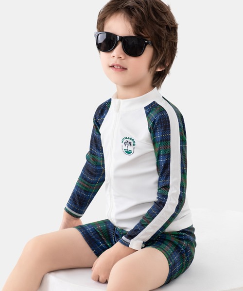 TeddyShop（テディショップ）の「キッズ 長袖プチハイネックラッシュガード+ショートパンツ+キャップ ３点セット（ラッシュガード・キッズ・ネイビー/グリーン系その他/ブルー系その他・120cm/130cm/140cm/90cm/100cm/110cm）」の2枚目の写真