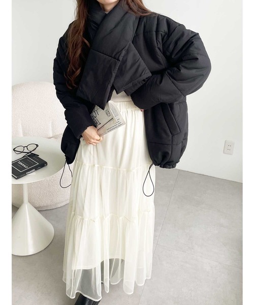 GeeRA（ジーラ）の「ストール付ノーカラーフェイクダウンコート（ダウンジャケット/コート・レディース・アイボリー/ブラック・MEDIUM）」の21枚目の写真