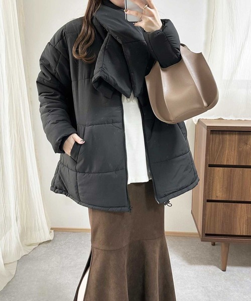 セール】ストール付ノーカラーフェイクダウンコート（ダウンジャケット