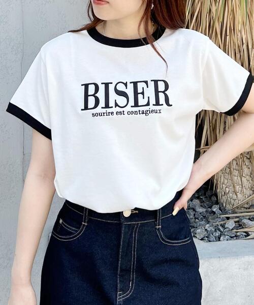 INGNI(イング)の「ふくれ刺しゅうリンガーTシャツ/A(Tシャツ/カットソー・レディース・ホワイト×ブラック/ホワイト×ピンク/ボルドー/ブラック・M)」の1枚目の写真